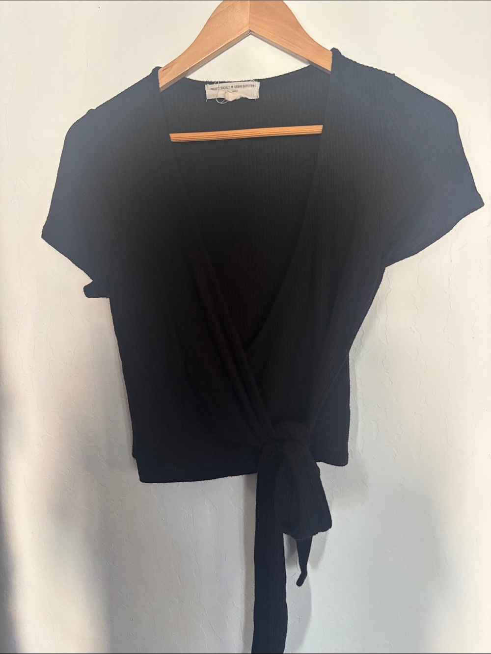 Project Social T Black Ribbed Tie-Front Crop Top